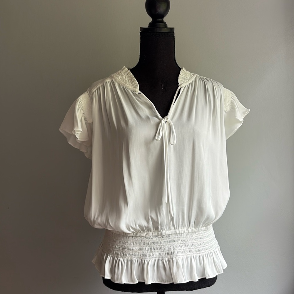Current Air White Smocking Waist Flutter Sleeve Blouse Size L